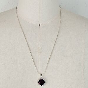 Sterling Silver Garnet Rhinestone Halo Pendant Necklace 20”